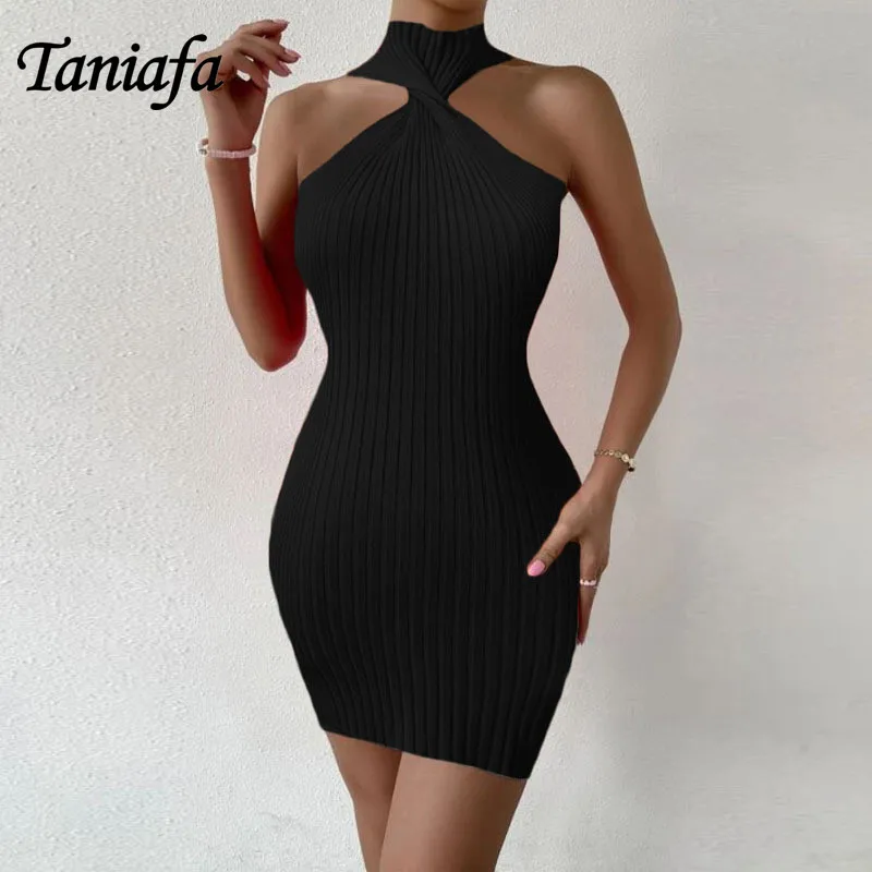 

Women Sleeveless Halter Neck Ribbed Knitted Sweater Casual Bodycon Basic Dress