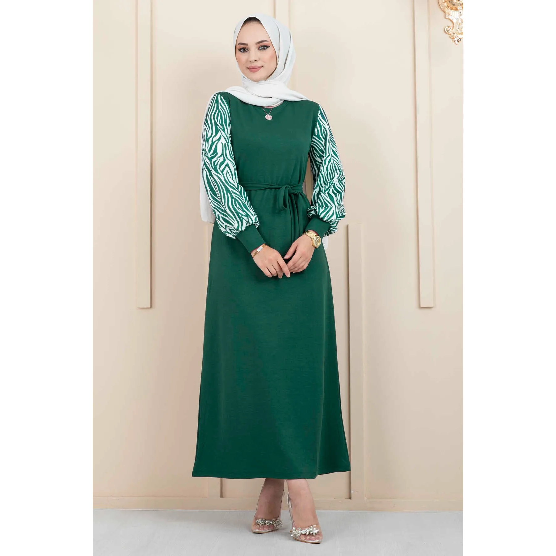 

Maxi Muslim Women’s Belted Dress Zebra Pattern Abaya Abayat Plus Size Dress Caftan Dubai Robe Turkey Dubai Islam Marocain 2022
