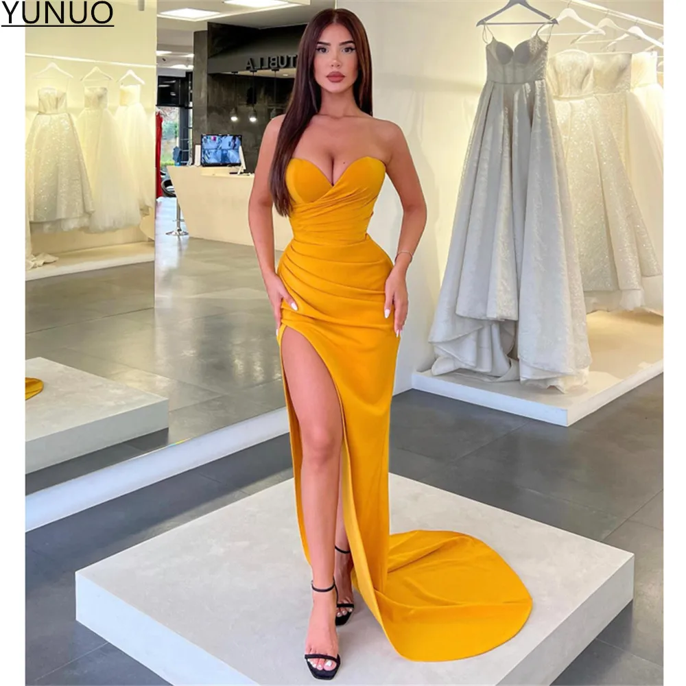 

YUNUO Draped Satin Long Party Evening Gowns Side Slit Sexy Women Formal Sweetheart Orange Prom Dresses robes de soirée 2022