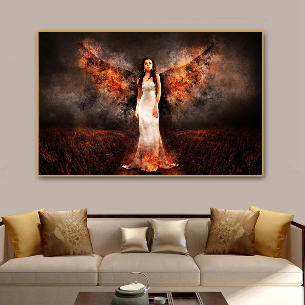 Абстрактная девушка пламя ангельские крылья холст картина дьявол постер с