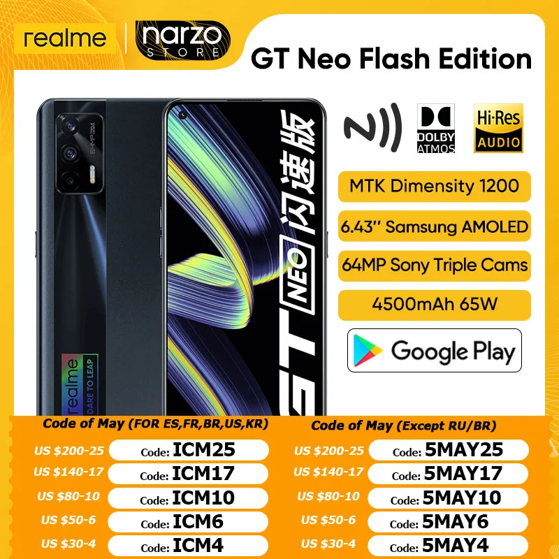realme gt neo flash edition 5g smartphone mtk dimensity 1200 120hz super amoled 6 43 64mp triple rear cams 4500mah 65w android free global shipping