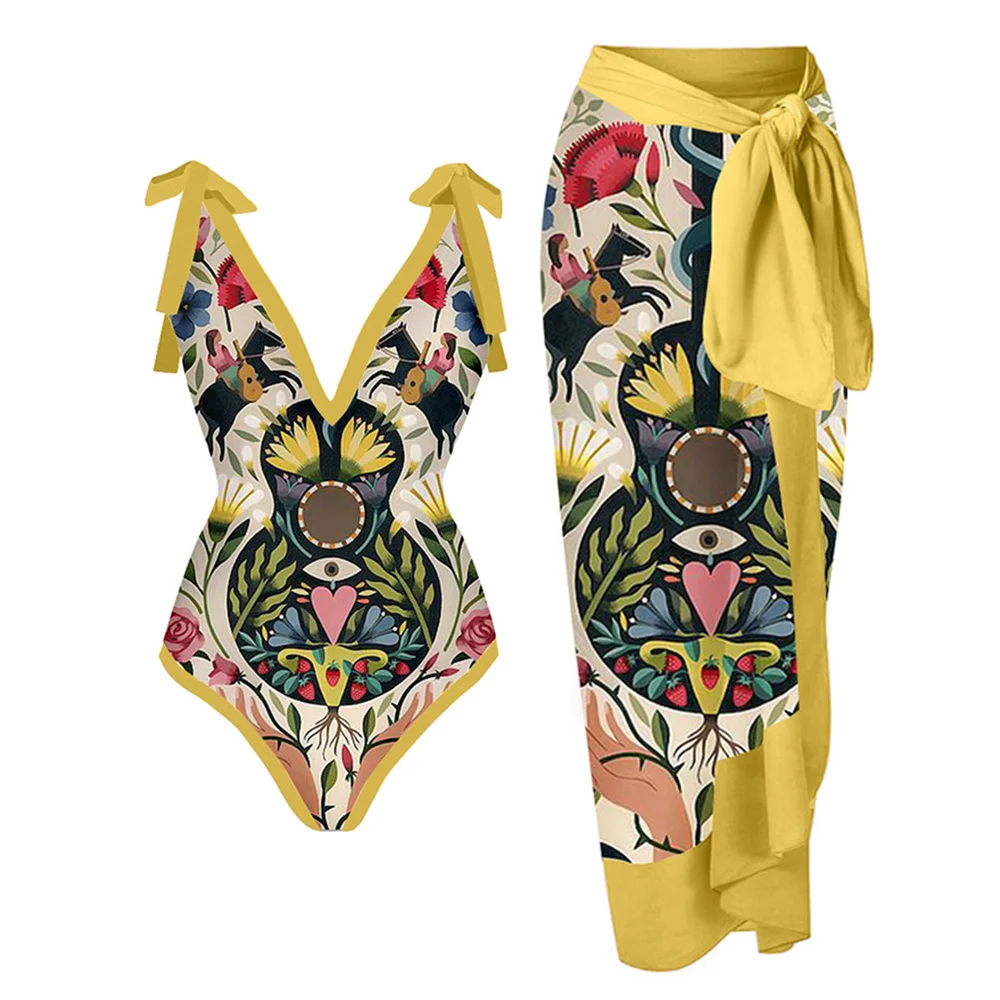 

Fashion Print Butterfly Strap Bikini Sexy Backless High Waist Seamless Splicing Swimsuit Female V-Neck Retro Beachwear 2022