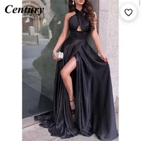 halter neck black evening dresses a line prom dress high split party dresses elegant celebrity dresses vestidos de fiesta