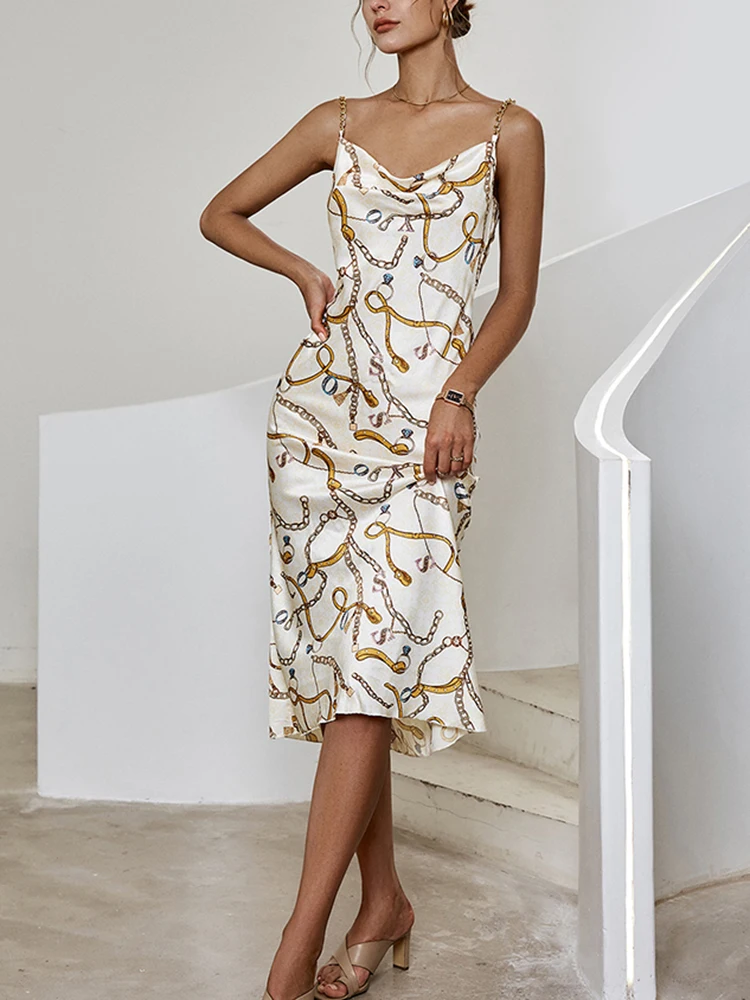 

BerryGo 2022 Autumn Sexy Party Night Dress Women Chain Strap Allover Print Satin Silk Vestidos Elegant V-neck Backless Dress