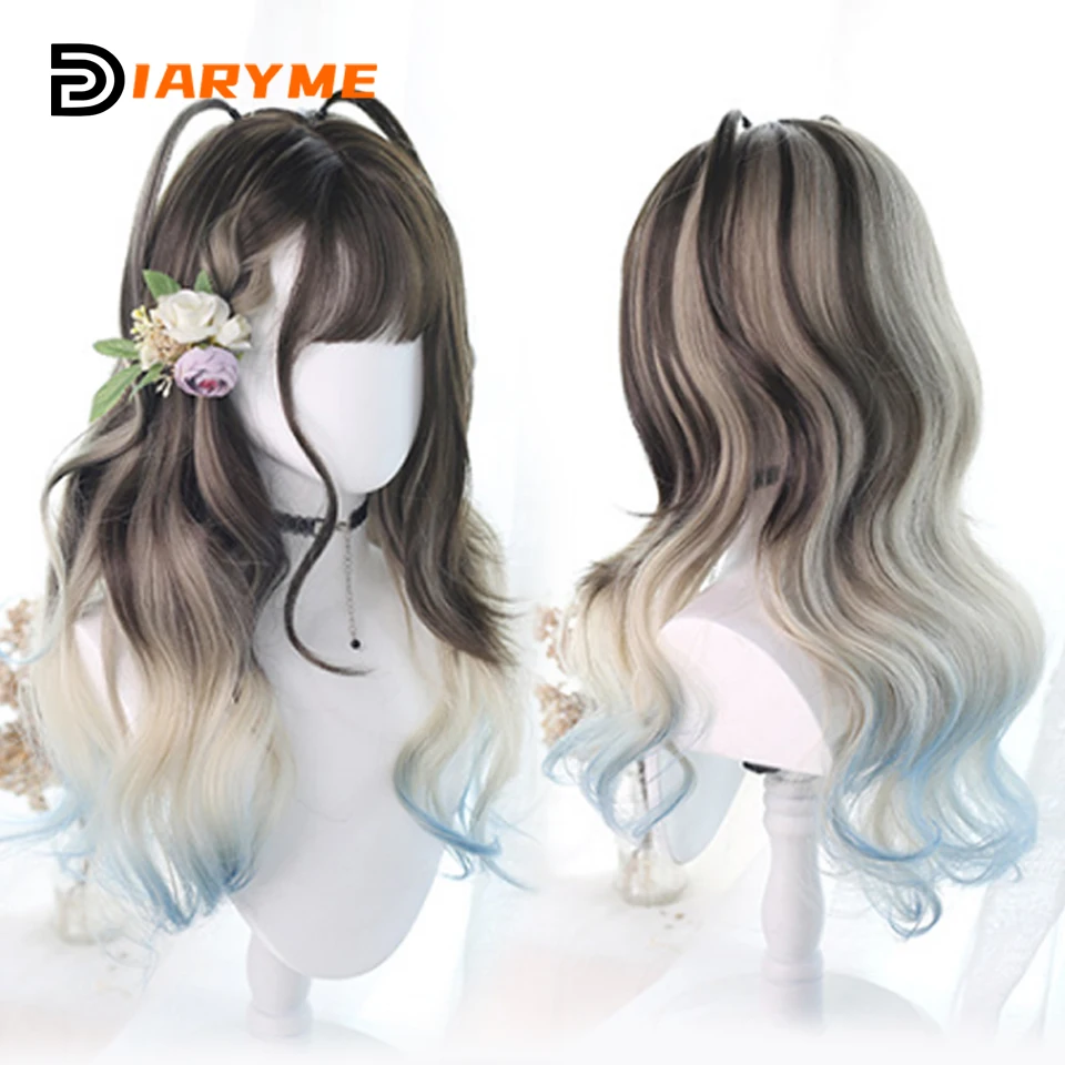 DIARYME Long Wavy Hair Synthetic Wig Girl Gradient Wig With Bangs Cosplay Lolita Party Heat-resistant Wigs