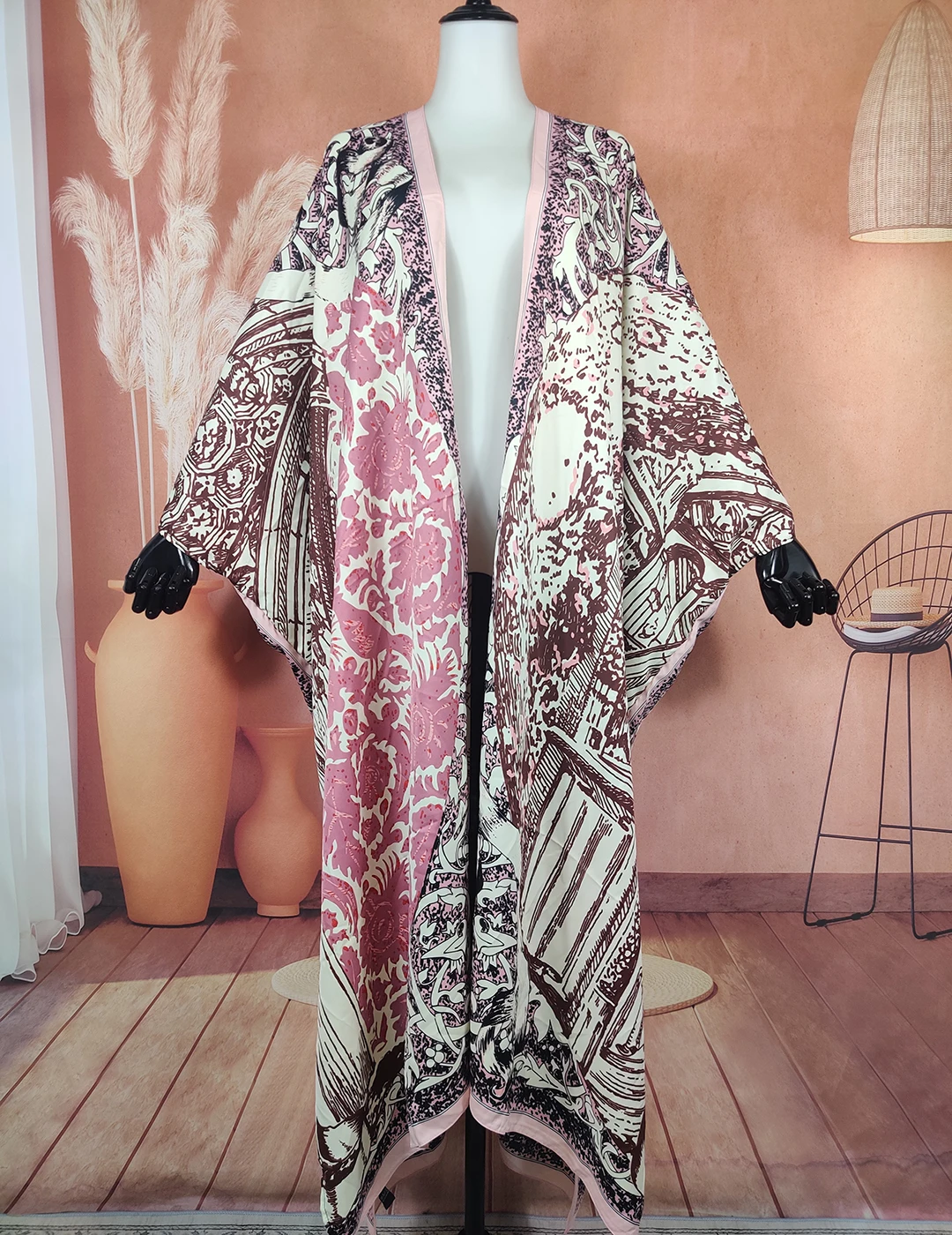 الأفريقية الصيف موضة جديدة مطبوعة فتح الجبهة الحرير المرأة طويلة منفضة معطف المعتاد البوهيمي سيدة مسلم الصلاة Kimonos