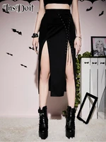 insdoit gothic clothes summer black skirt women streetwear bandage split sexy midi skirt punk grunge fashion high waist skirts