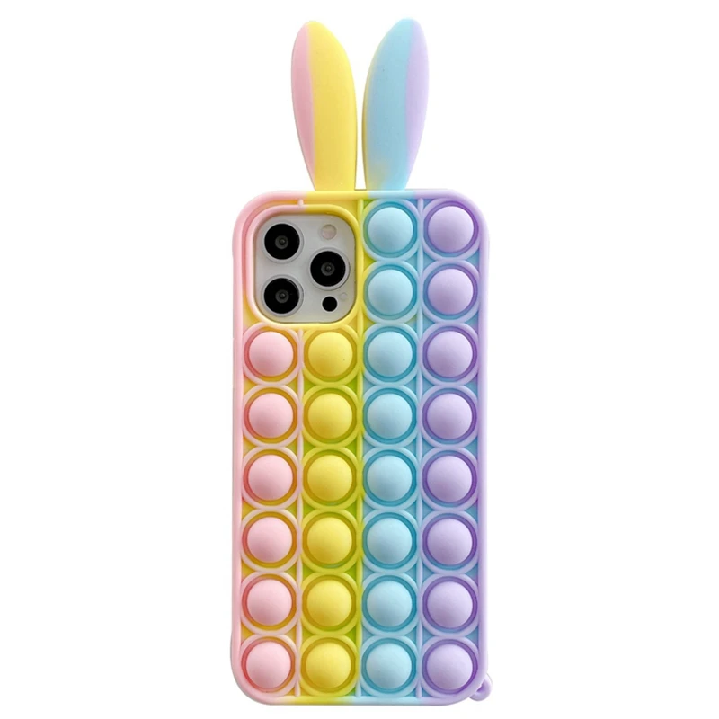 

Cartoon Bunny Rabbit Ears Phone Cover For iPhone 11 12 Pro Max X XS XR SE 2020 6S 7 8 Plus Relieve Stress 3D Rainbow Bubble Case