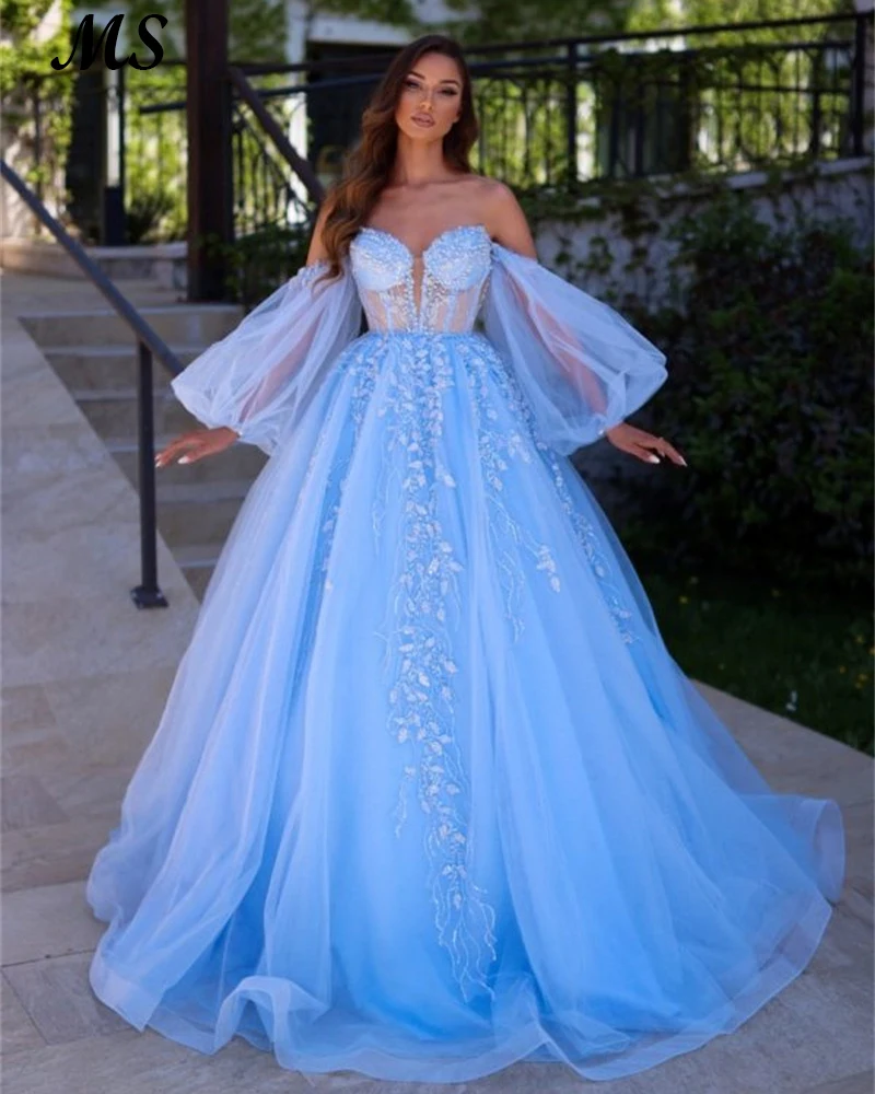 

MS Light Blue Tulle Ball Gown Evening Dress Off The Shoulder Puff Sleeves Lace Appliques Bone Corest Vestido De Festa Prom Gowns