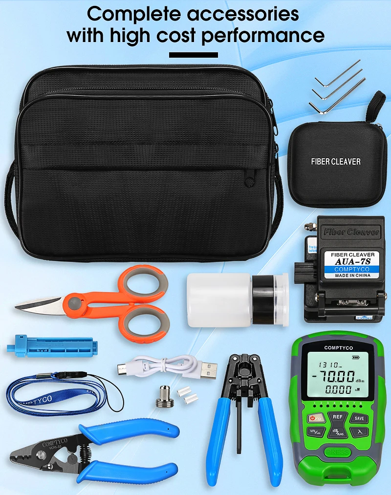 FTTH Fiber Optic Tool Kit Fiber Cleaver -70~+10dBm AUA-MC70 4 in 1 Mini Optical Power Meter with 15mw Visual Fault Locator