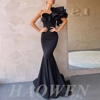 haowen black mermaid long evening dresses elastic satin prom party gowns ruffles floor length one shoulder formal women dress