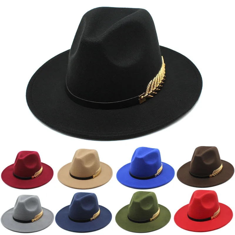 

Women's Wide Brim Fedora Panama Hat with Metal Belt Buckle Church Derby Top Hat Jazz Solid Felt Fedoras Hat