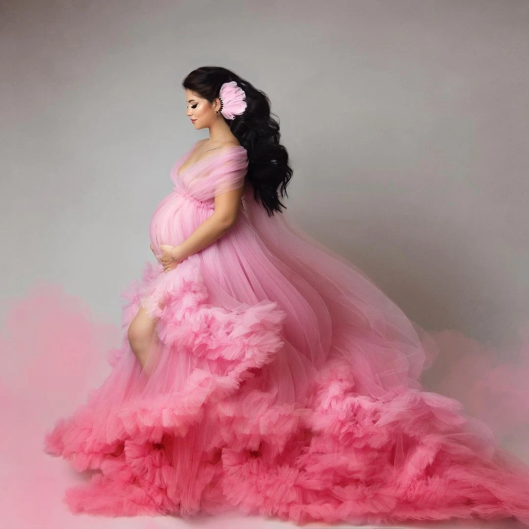 

Pink Tulle Maternity Dress for Photography Ruffled Sleeves Maternity Robe Photo Shoot Dresses Women Prop Gown