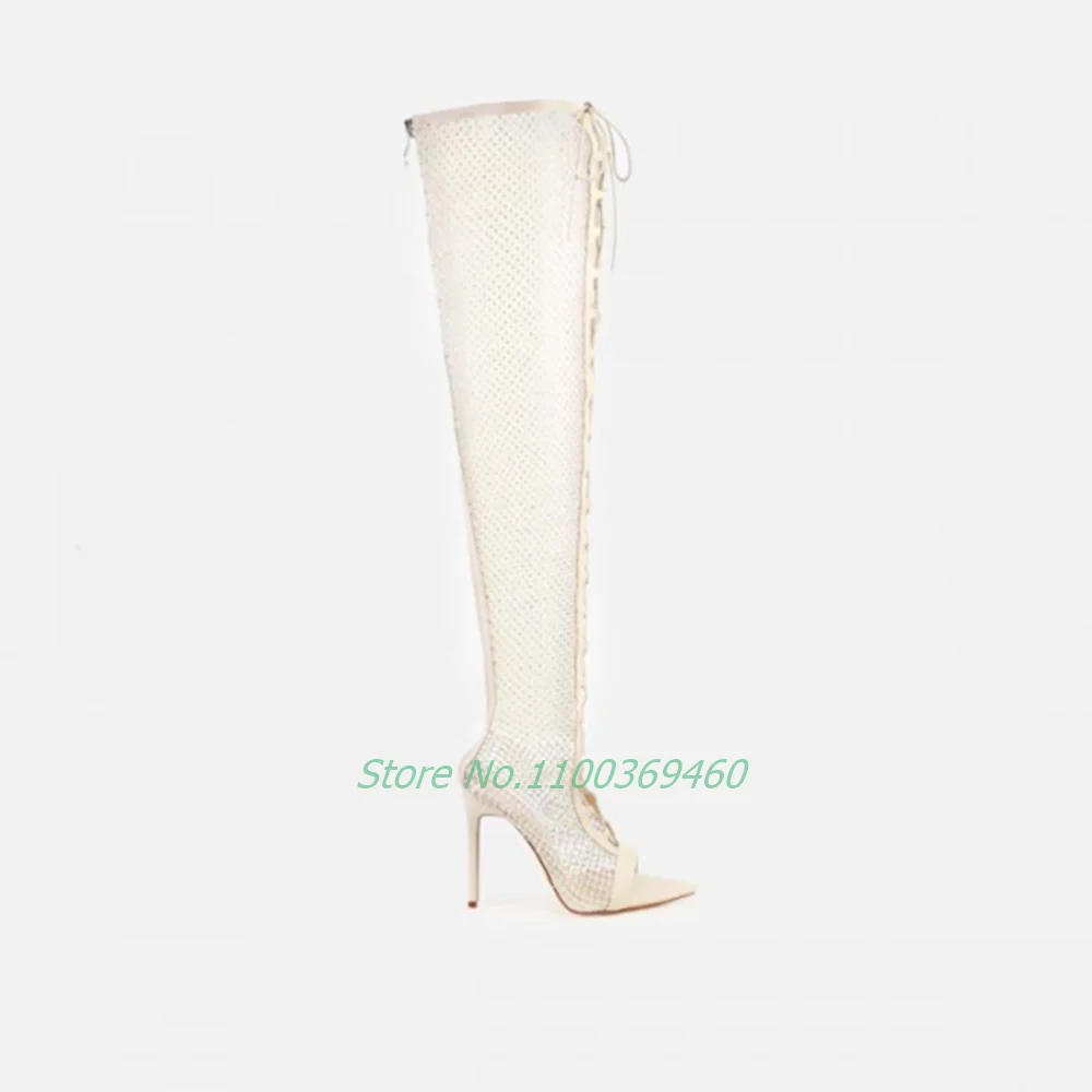 Diamante Mesh Lace Up Sandals Boots Crystal Bling Cross Strap Pointed Toe Thigh High Heels Sexy Hollow Solid Women Shoes 2022