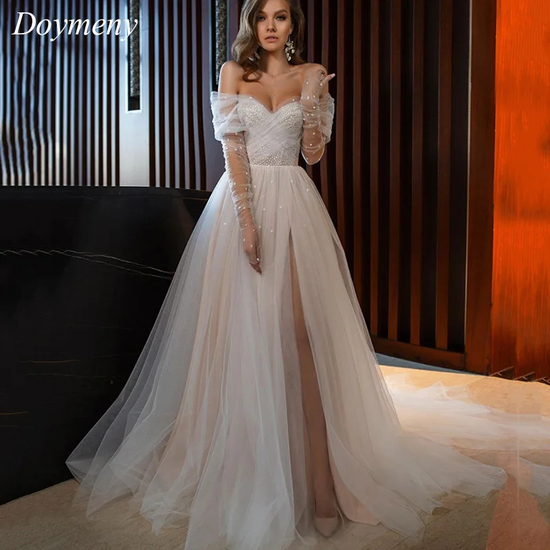 

Doymeny Wedding Vestidos For Women's Sexy Sweetheart Lace Up A-Line Off The Shoulder Tulle Illusion Sweep Train Robe De Mariée