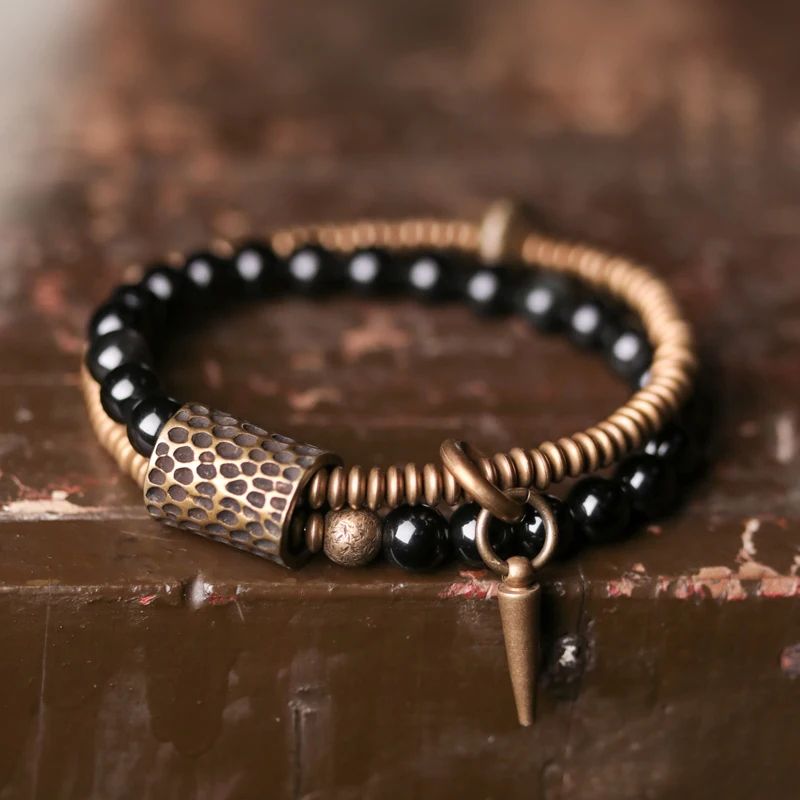 Black Obsidian Beads Bracelet Hammered Brass Two Row  Health Unisex Jewelry for Women Unique Handmade Personalized Bracelet