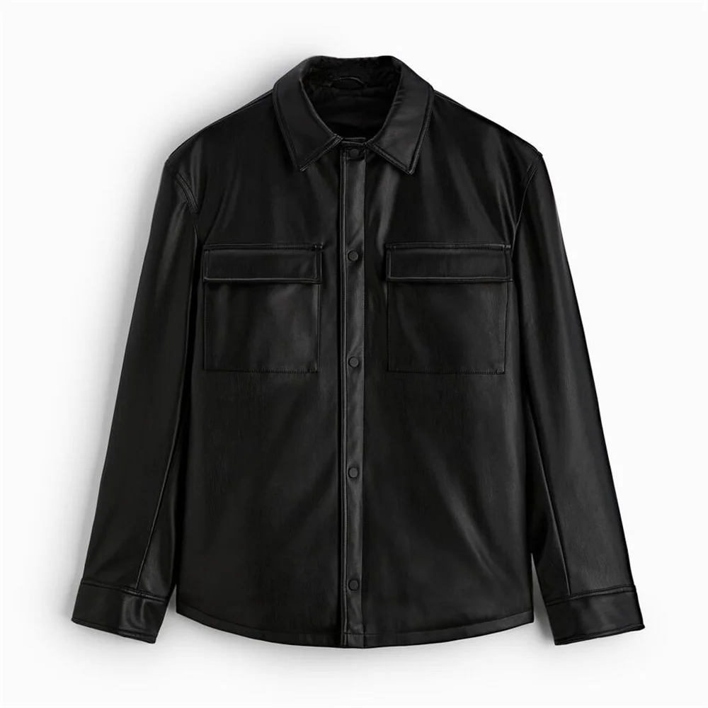 

PB&ZA 2022 Autumn New Men's Business All-match Lapel Long-sleeved Double-pocket Imitation Leather Cotton Shirt Jacket 8281800