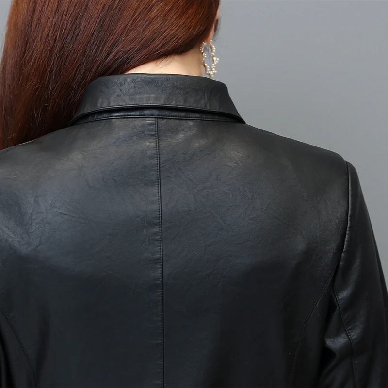 2022 Women Apparels  Fashion Plus Size Biker Long  Faux Leather Jackets Sexy Style Black Wrap Coat Trench Coat with Waistband
