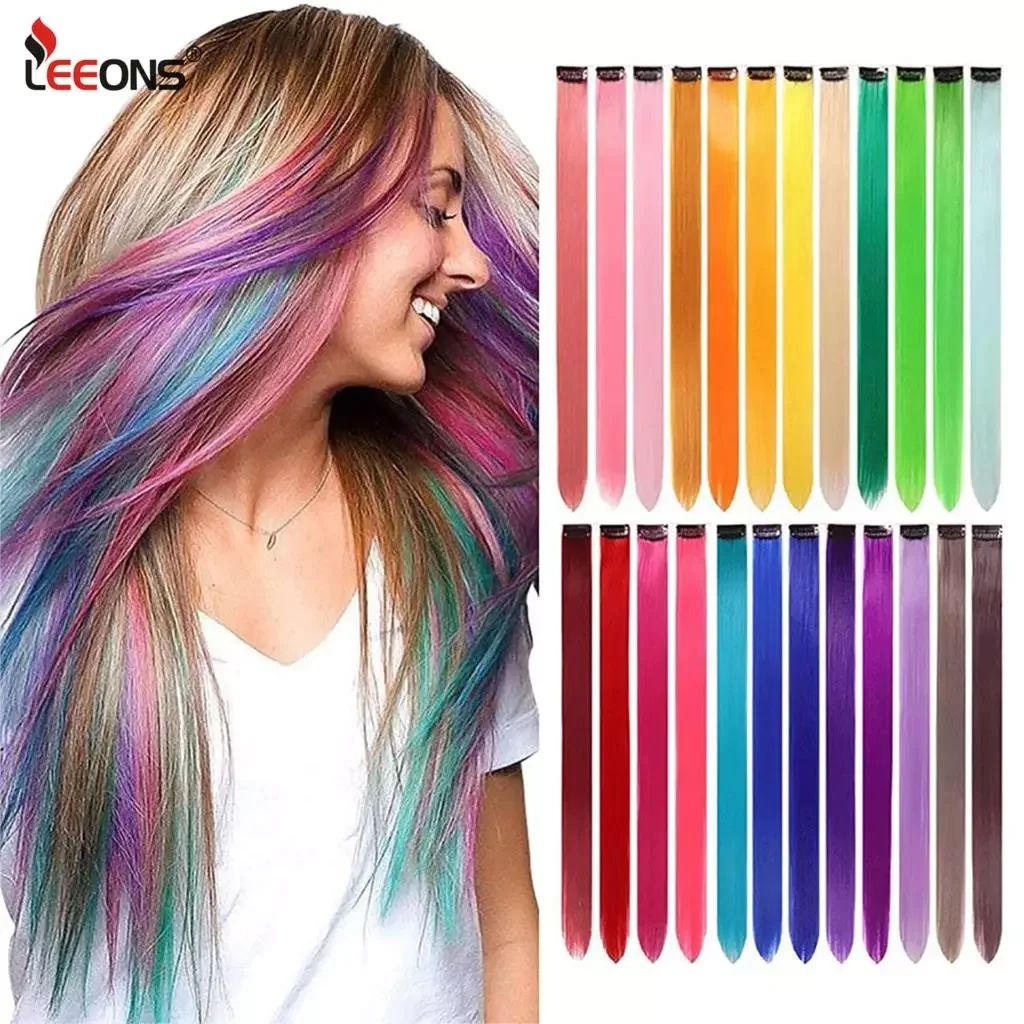 Leeons Synthetic Hair Extensions With Clips Heat Resistant Straight Hair Extensions Color Colored Black Hair Clip Womens 12G/Pcs