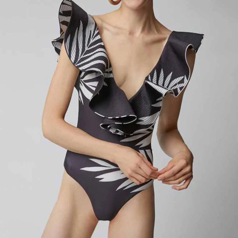 

Fashion Deep V Print Ruffle Bikinis Sexy One-piece Swimsuits Cutout Women's Bathing Suit Summer Beach Wear Vintage Slim Swimwear