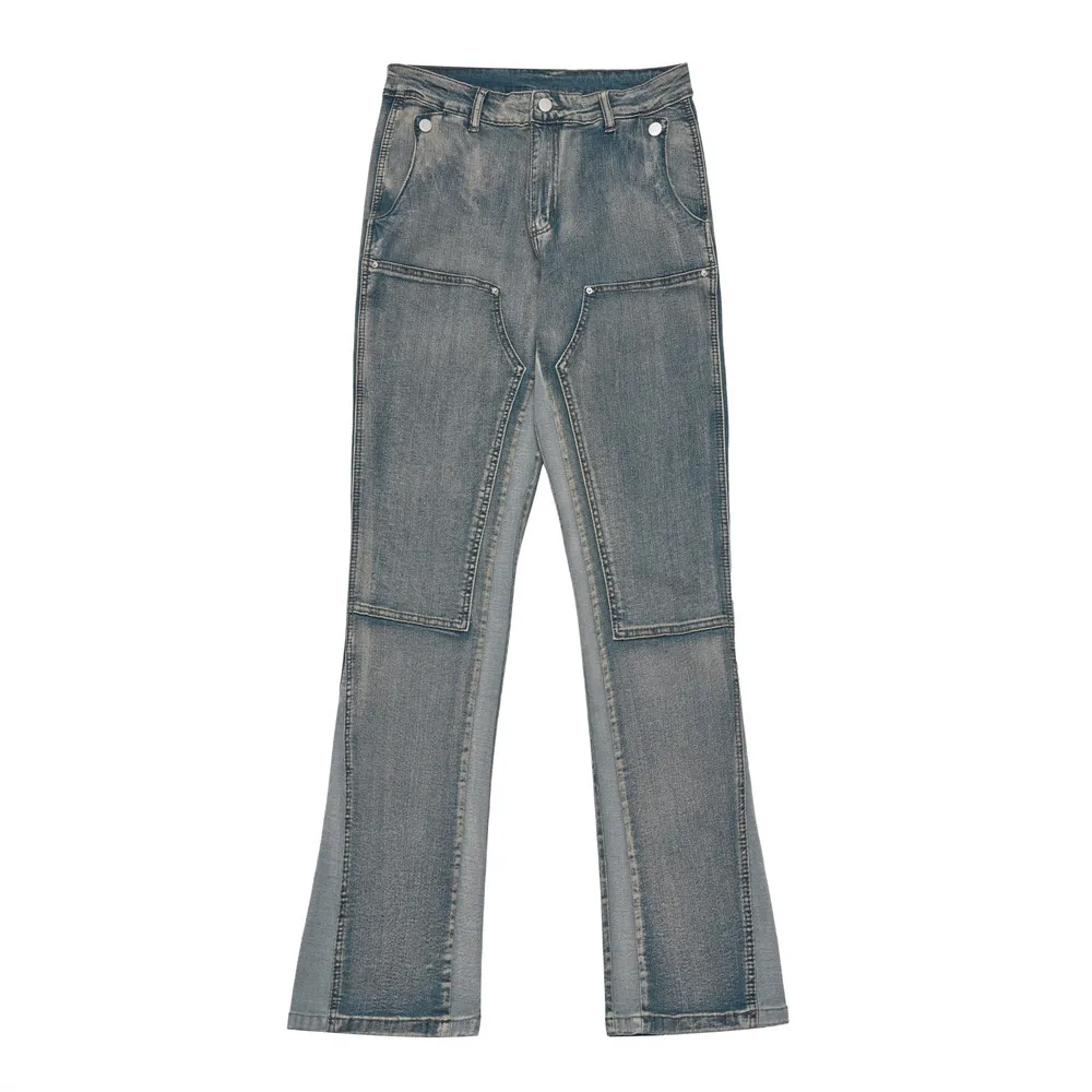 

Contrast Color Splicing Denim Flared Pants Men's Ins High Street Design Sense Niche Pants Washed Old Personality Jeans For Men
