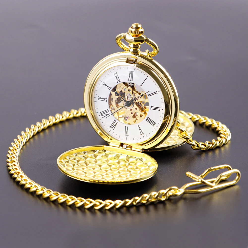 Minimalism 2 Sides Open Case Mechanical Pocket Watch For Men Women Luxury Fashion Gold White Dial Necklace Clock Thin Chain
