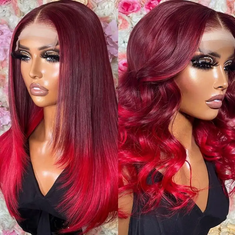 HD Transparent Layered Omber Red Wig Straight 13x4 Lace Front Human Hair Wig For Women Butterfly Hair Cut Wig Brazilian Remy