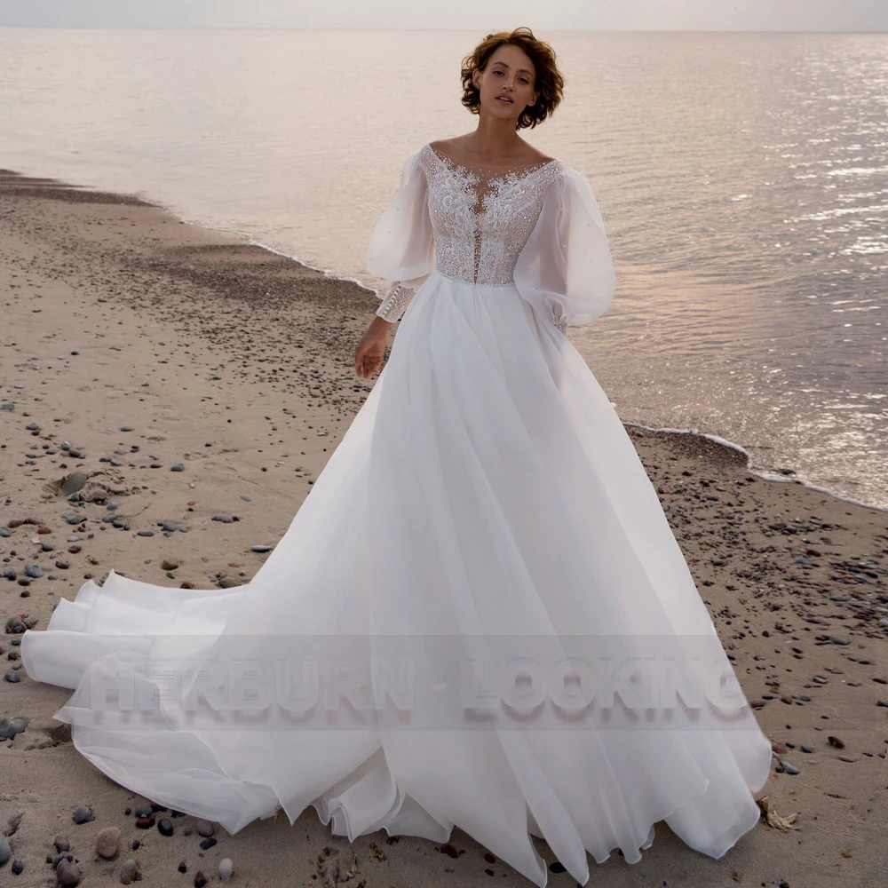 

HERBURN Beach Romantic Wedding Dresses Delicate Pearls Button Long Sleeves Made To Order Vestidos De Novia Brautmode Robe Mariee