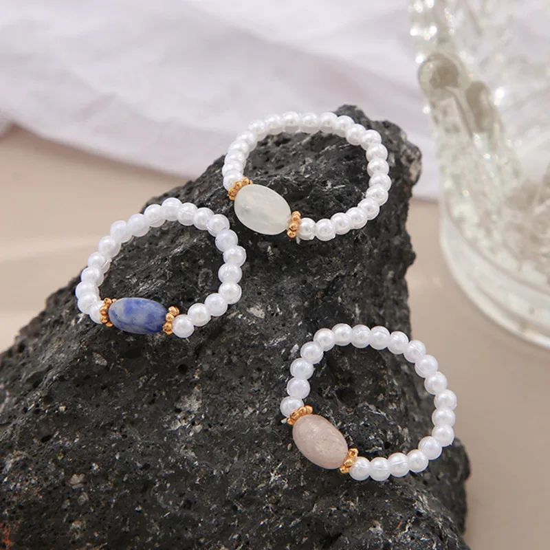 

2022 Korean Stylish Personality Pearl Beaded Elasticity Rings Fashion Simple Temperament Crystal Stone Female Ring Jewelry