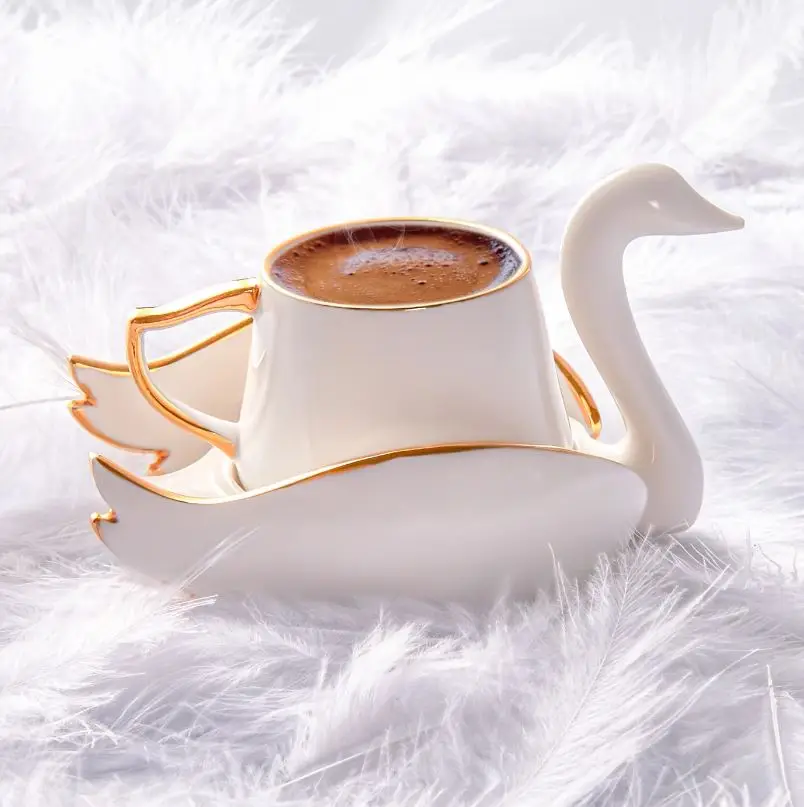 

Turkish coffee cup set 4 PCs two people for porcelain ceramic swan plate saucer plate mug home kitchen Demitasse Turkey