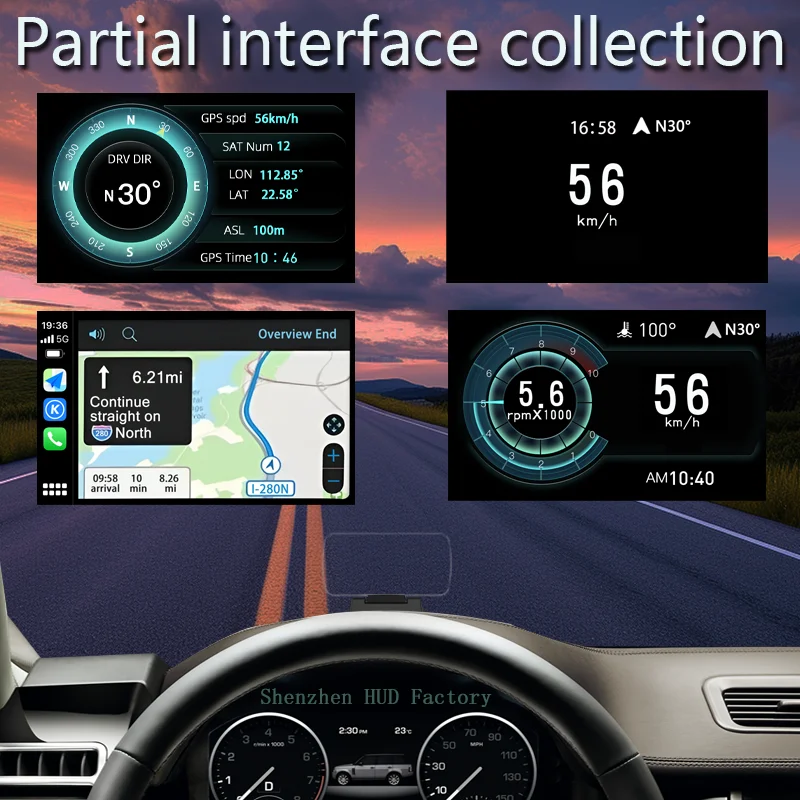 Фото HUD навигатор; Раздельный HUD; спидометр, альтиметр, время; Беспроводное отображение CarPlay/HiCar/Android Auto; Аэроизображение на расстоянии 2-3 метров; автомобильный дисплей; умный HUD; Завод HUD №5