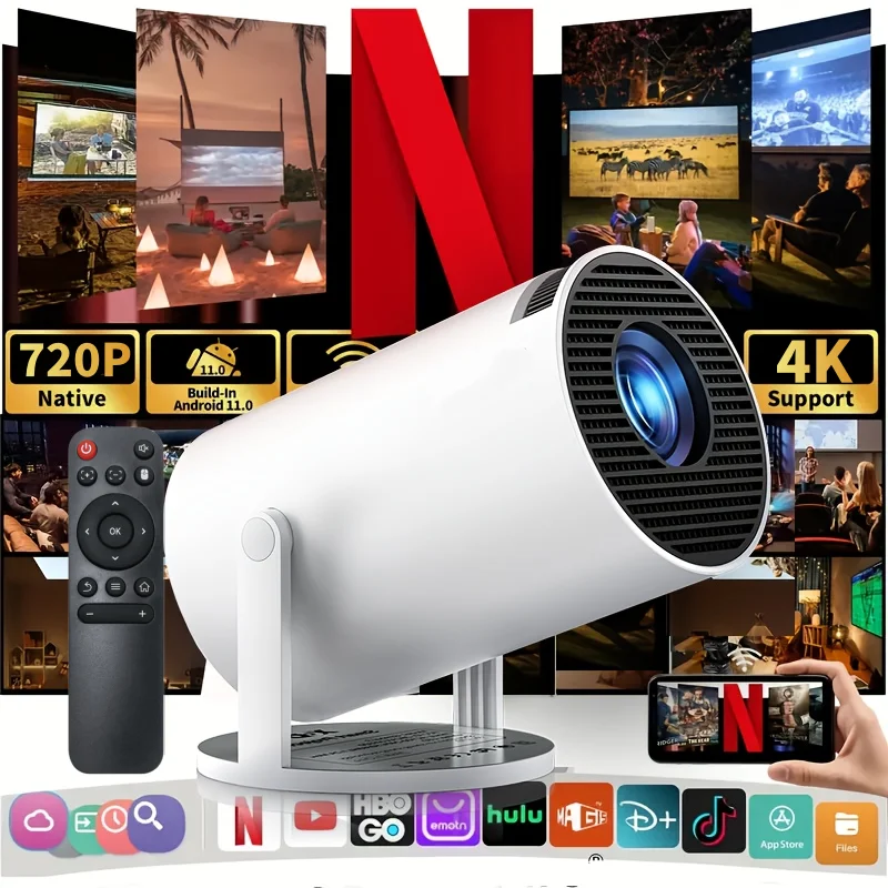 Фото Мини-портативный проектор с поддержкой 4K, 720P, Android 14, автоматической коррекцией трапецеидальных искажений, 5G WiFi 6, Bluetooth 5.4, умный беспроводной для дома и улицы №1