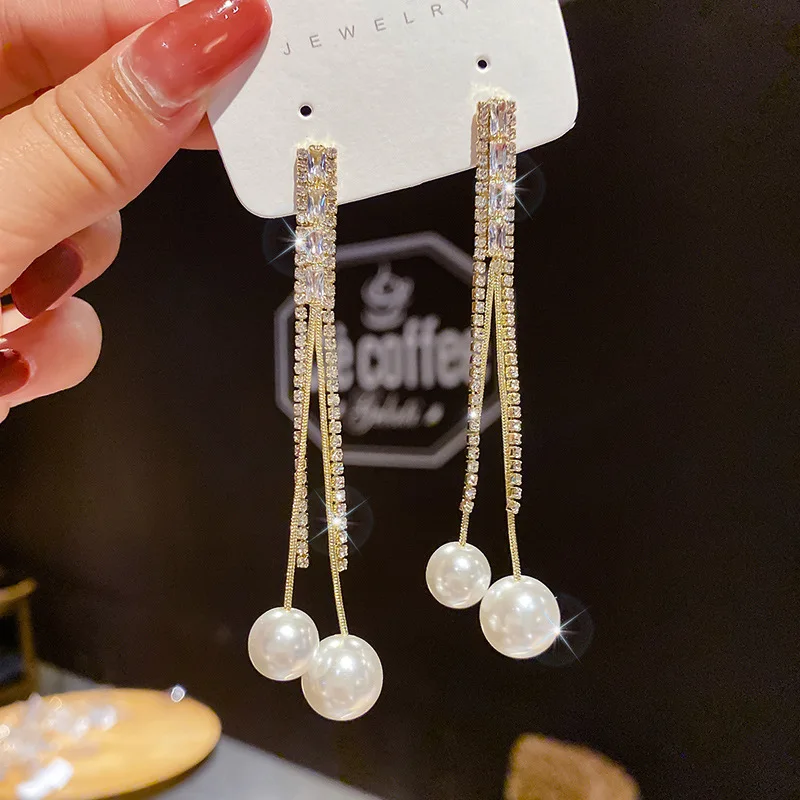 

Korean Fashion Long Tassel Full Rhinestone Drop Earrings for Women Shiny Crystal Pearl Fishtail Dangle Earring Party Jewelry