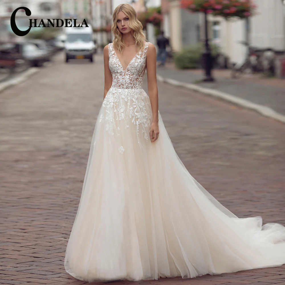 

CHANDELA Classic Wedding Dresses V-Neck A-Line Pleat Appliques Pleat Bridal Gown Vestido De Casamento Customised For Women