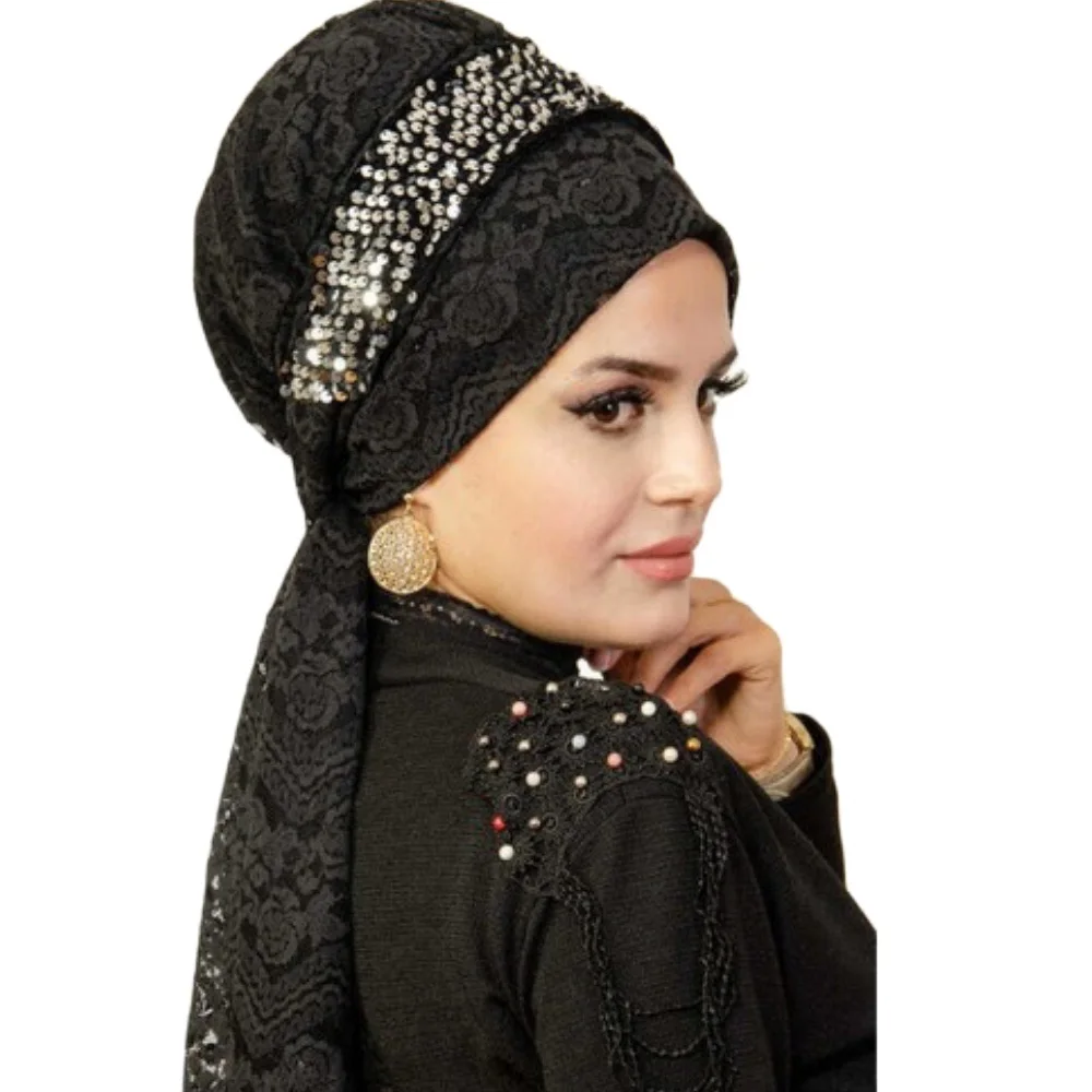 Женский готов Тюрбан Хиджаб с Черными Блестками мусульманская Мода в турецком