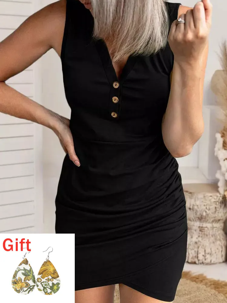 

Sexy V-Neck Summer Dress Ruched Button V-Neck Bodycon Dresses For Women Solid Sleeveless Vestidos Party Clubwear Female Skirt