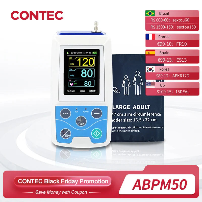 Arm Ambulatory Blood Pressure Monitor 24hours NIBP Holter CONTEC ABPM50+ Adult,Child ,Large ,3 Cuffs, Free PC Software