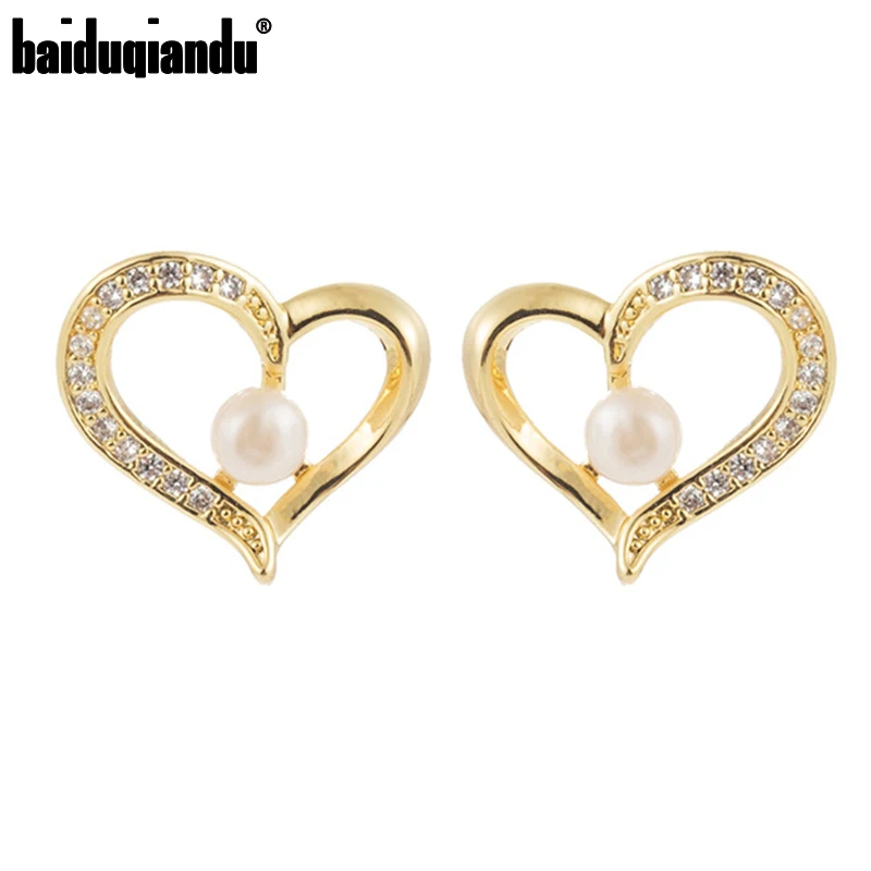 

Baiduqiandu Cubic Zircon Gold Plated Heart Shape Stud Earrings For Women