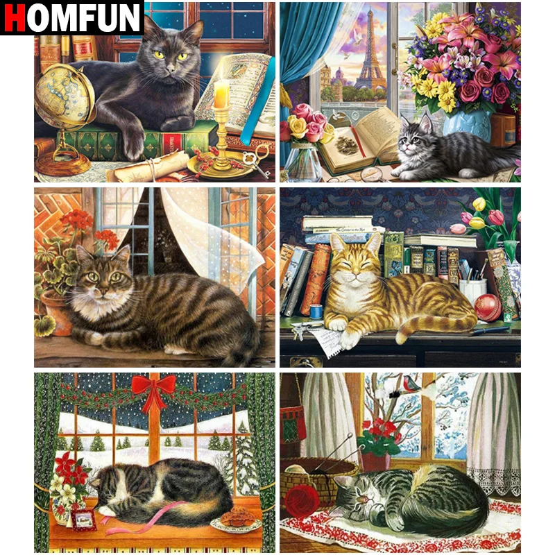 

Алмазная живопись HOMFUN «сделай сам», картина с животными, кошками, цветами, полная выкладка, квадратная, круглая, 5D, вышивка крестиком, украше...