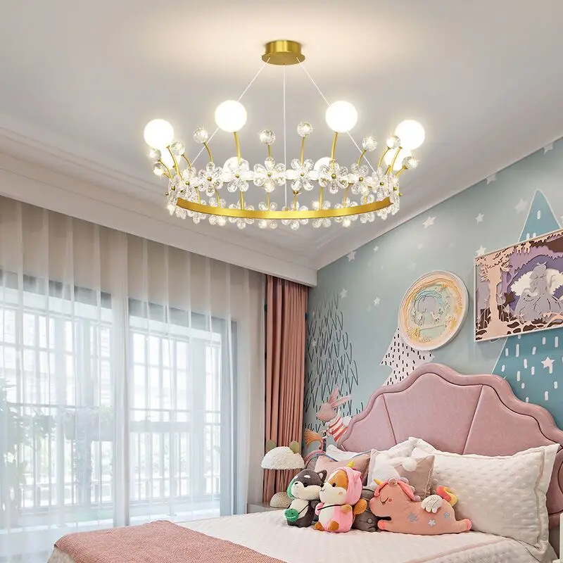 Crystal Crown Chandelier Princess Bedroom Lamp Led 3 Color Light Living Room Bedroom Light Luxury Children's Room Pendant Lights