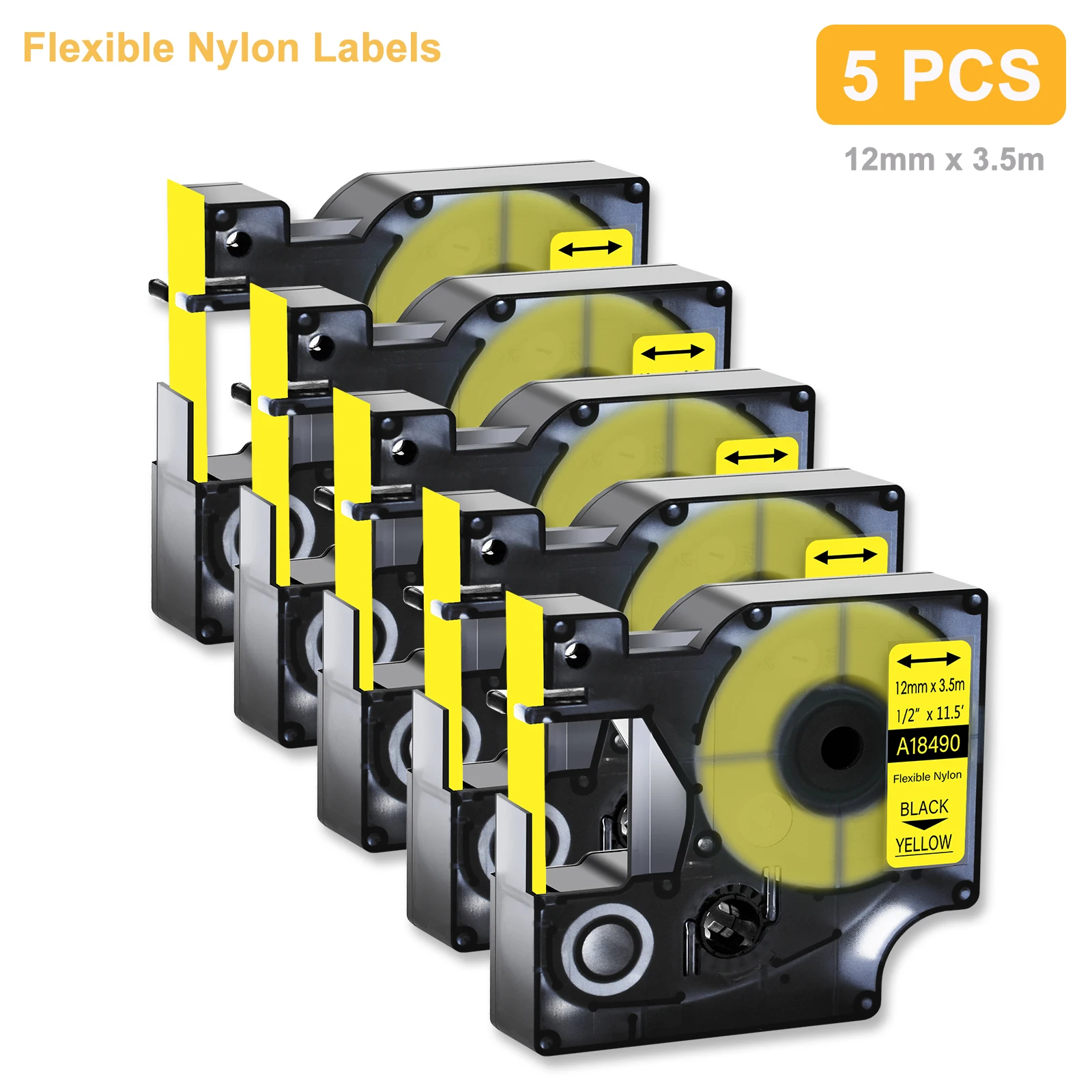 5PK лента для этикеток 12/19 мм совместимая с Dymo 18490 18491 гибкая фотолента черного на