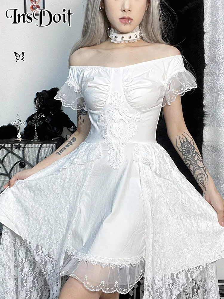 

InsDoit Gothic Off Shoulder Corset Sexy Dress Women Lolita Streetwear Lace Short Sleeve Mini Dress Party Club Assymmetric Dress