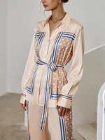 berrygo 2022 autumn shirt sets women elegant long sleeve belt woven pattern print pale pink 2 piece sets high waist pant suits