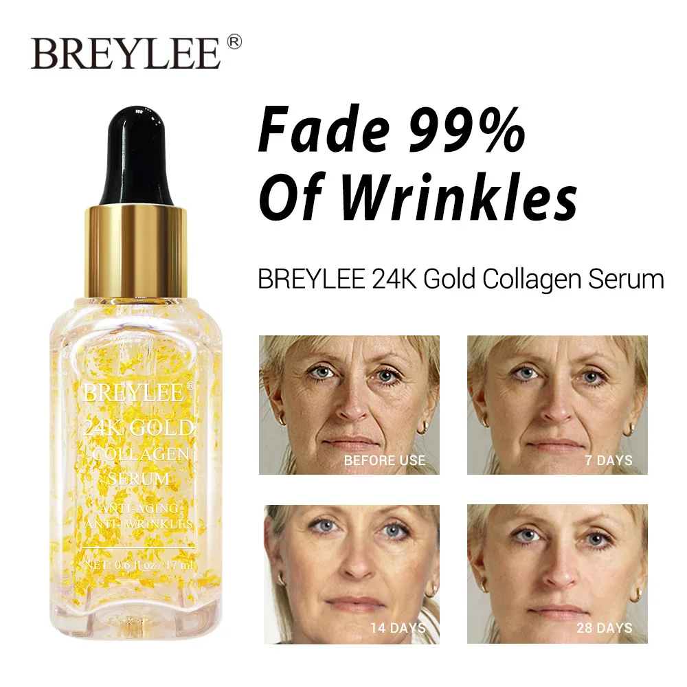 BREYLEE 24k Gold Essence Active Collagen Anti-Aging Fades Wrinkles Face Lifting Whitening Repairing Serum Firming Skin Care