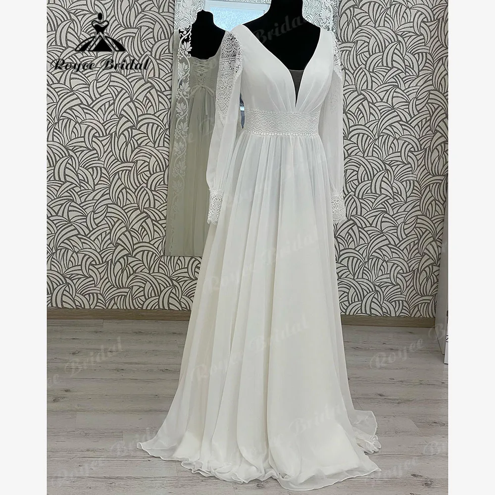 Винтажное кружевное шифоновое платье с длинным рукавом в стиле бохо а-силуэт