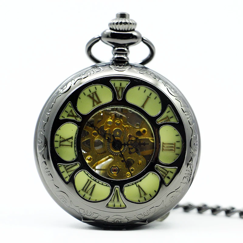 Exquise Black Dial Watch Pendant Hollow Mechanical Pocket&Fob Watches Roman Numerals Retro Watch Souvenir Gift for Men Women