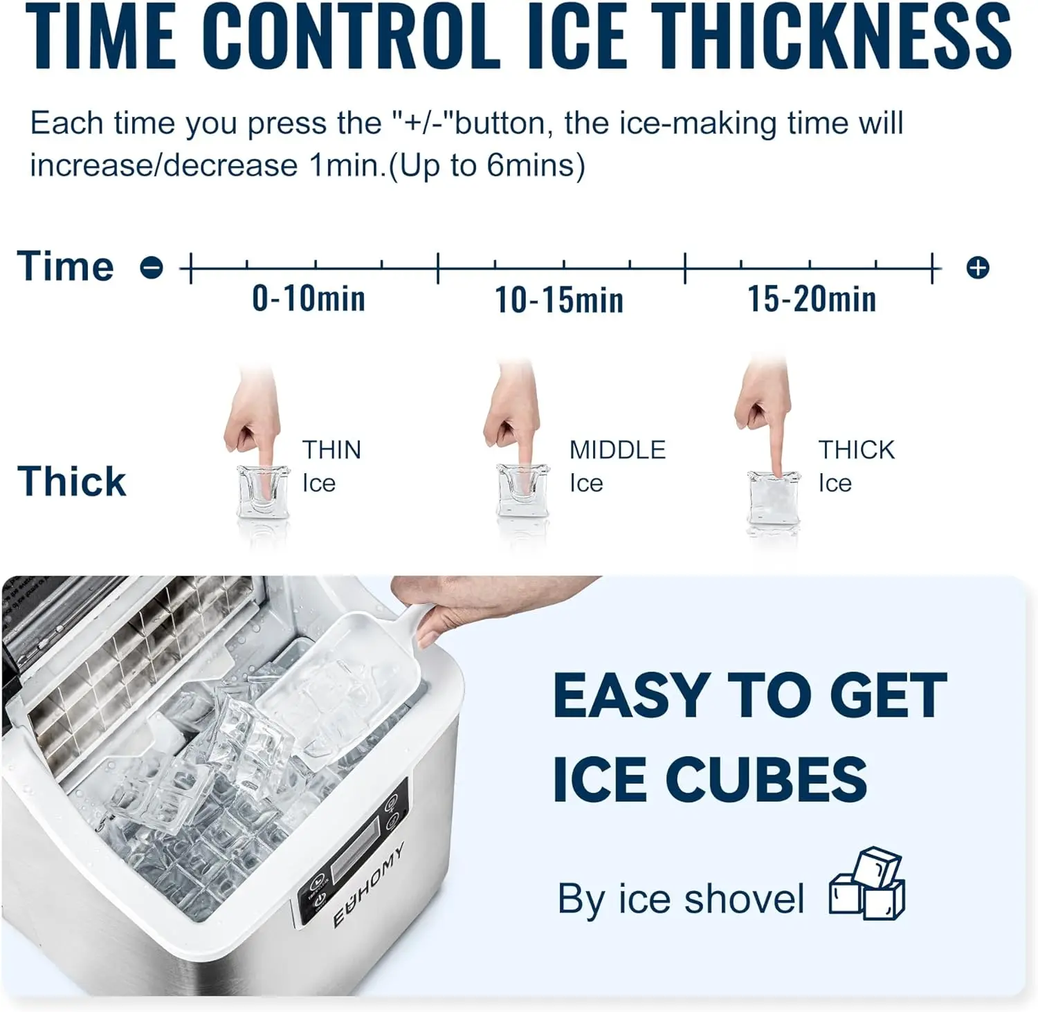 

EUHOMY-Ice Cube Maker Machine, Countertop, 2 Ways to Add Water, 45Lbs/Day, 24 Pcs Ready in 13 Mins