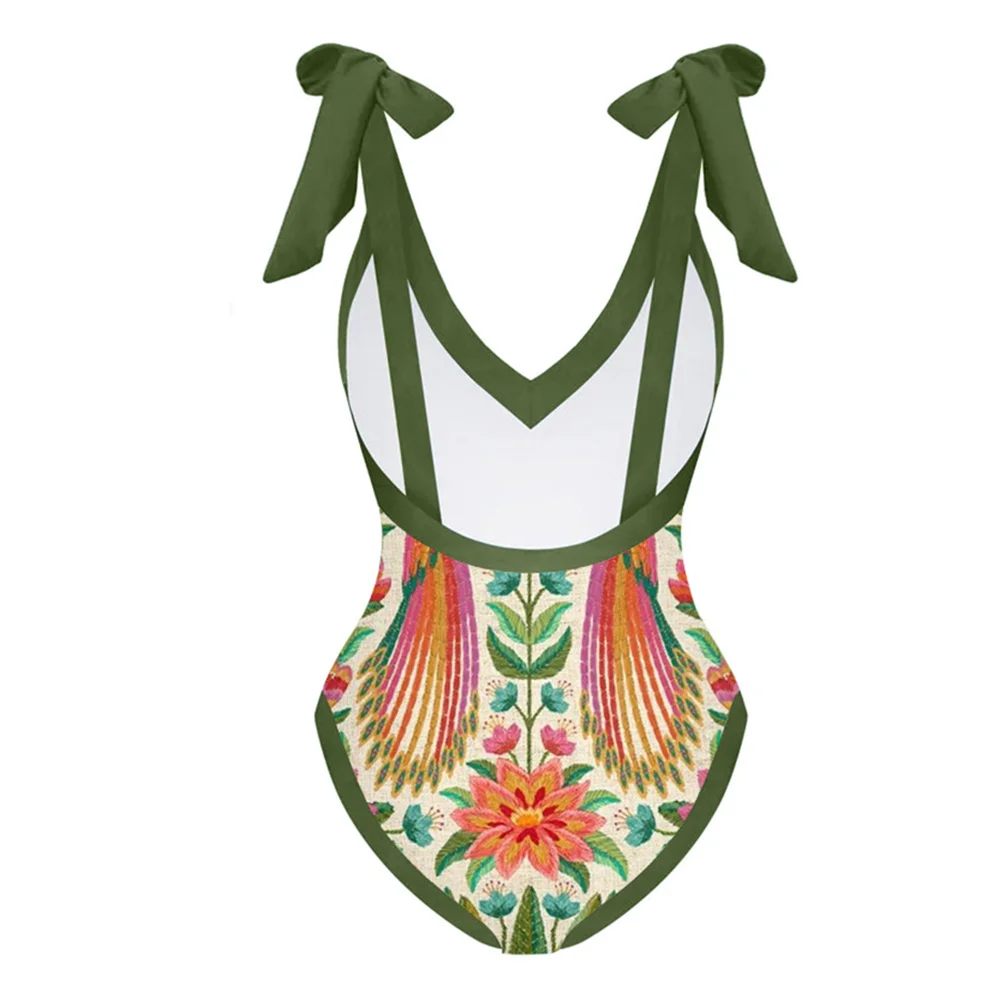 Vintage V-Neck Animal Print One-Piece Swimsuit Female Retro Holiday Beach Dress Designer Bathing Suit Summer Surf Wear