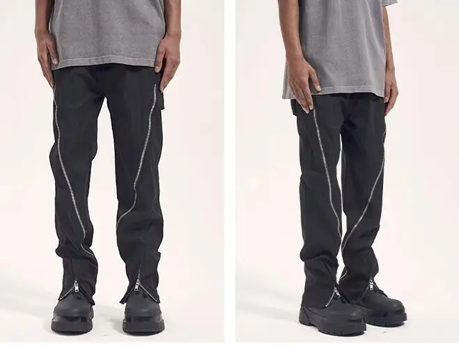 

2023 Black Curve Zip Twill Pants Paratrooper Techwear Pants Men Double Zipper Straight Lcargo Pants Fashion Hip Hop Track Pants