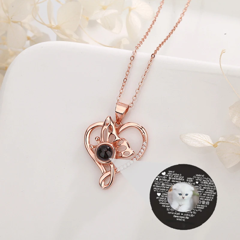 925 Silver Personalized Photo Projection Necklace Simple Hollow Butterfly Heart Customizable Name and Picture Pendant for women